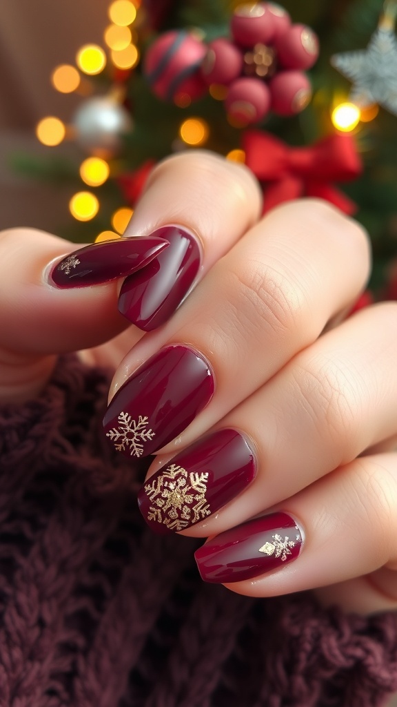 Short burgundy Christmas nails with gold glitter and snowflake designs.